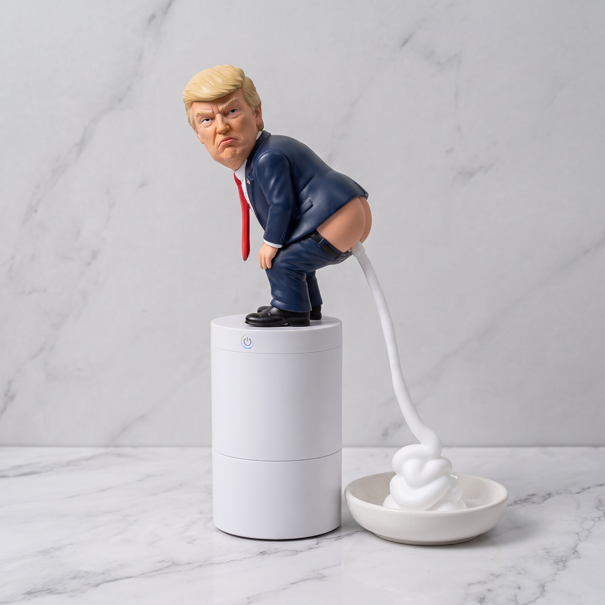 Foam dispensing from the LATHER FORCE ONE topper into a ceramic soap dish